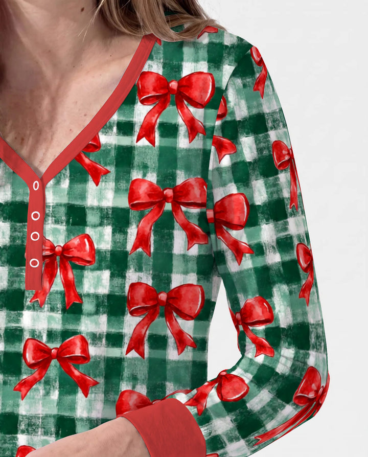 Watercolor Red Bows Green Plaid Christmas Bamboo Women Pajama Set