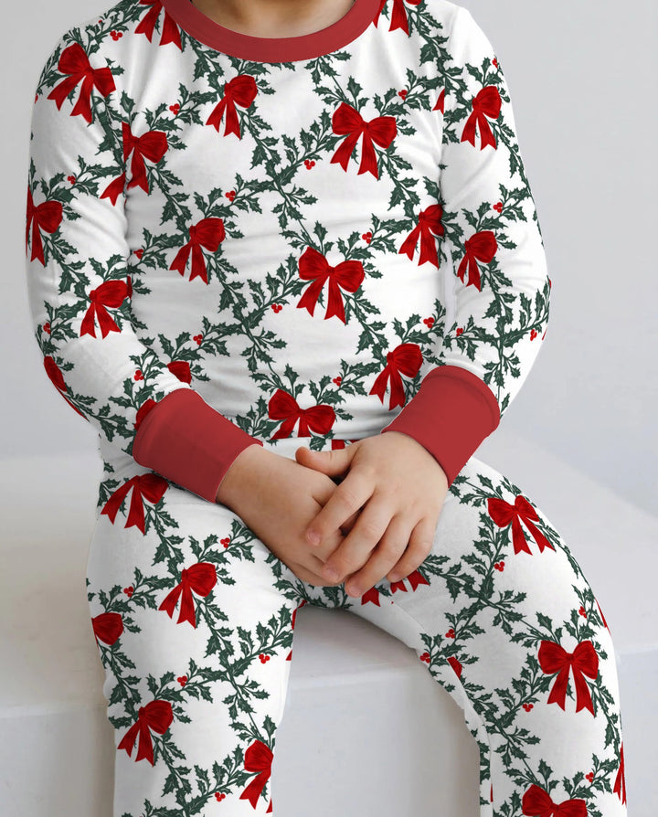 Vintage Christmas Holly Red Bows Bamboo Two Piece Long Sleeve Pajama Set