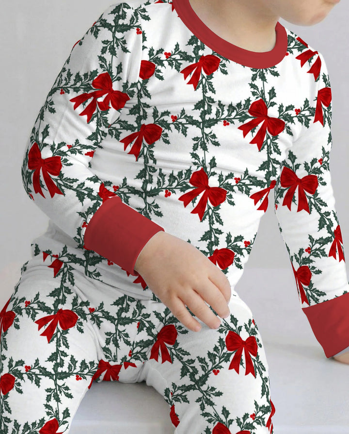 Vintage Christmas Holly Red Bows Bamboo Two Piece Long Sleeve Pajama Set