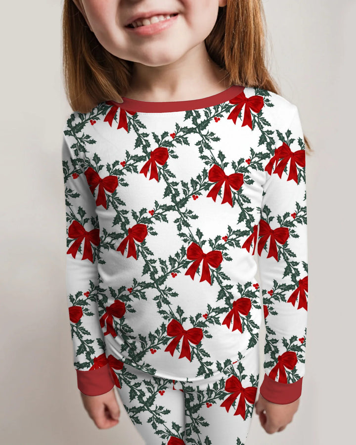 Vintage Christmas Holly Red Bows Bamboo Two Piece Long Sleeve Pajama Set