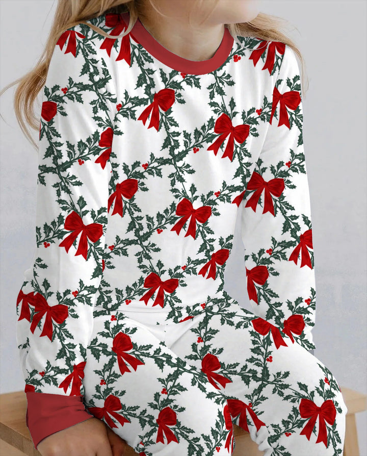 Vintage Christmas Holly Red Bows Bamboo Two Piece Long Sleeve Pajama Set