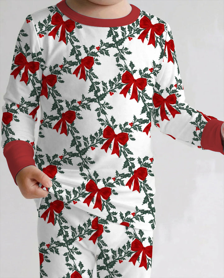 Vintage Christmas Holly Red Bows Bamboo Two Piece Long Sleeve Pajama Set