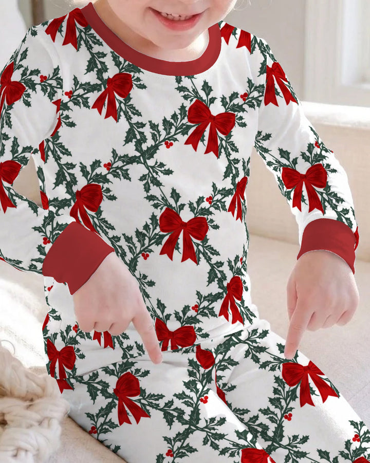 Vintage Christmas Holly Red Bows Bamboo Two Piece Long Sleeve Pajama Set
