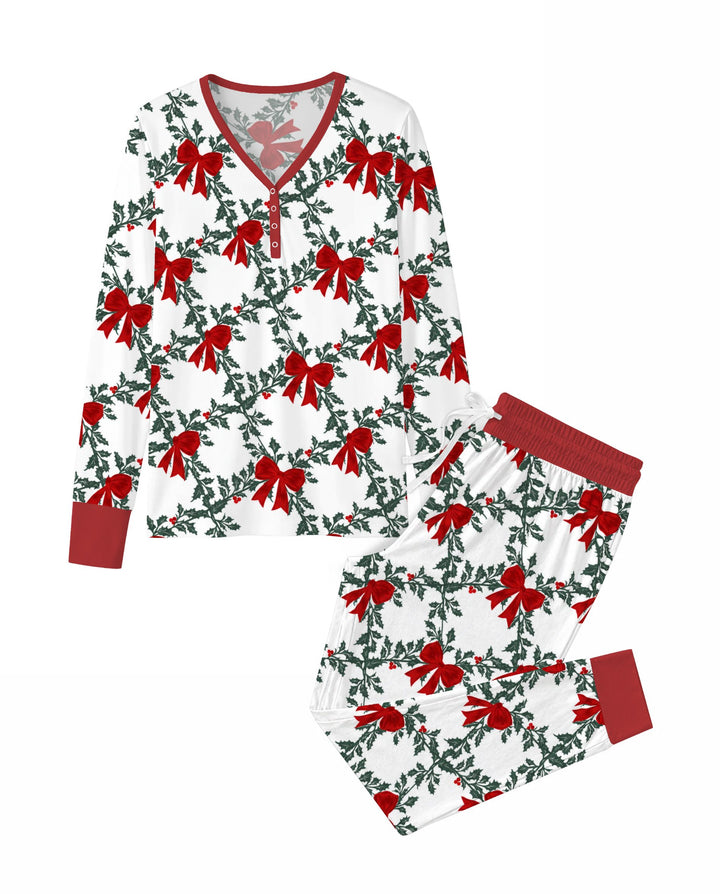 Vintage Christmas Holly Red Bows Bamboo Women Pajama Set