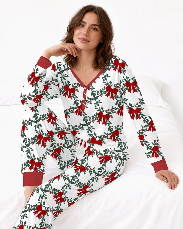 Vintage Christmas Holly Red Bows Bamboo Women Pajama Set
