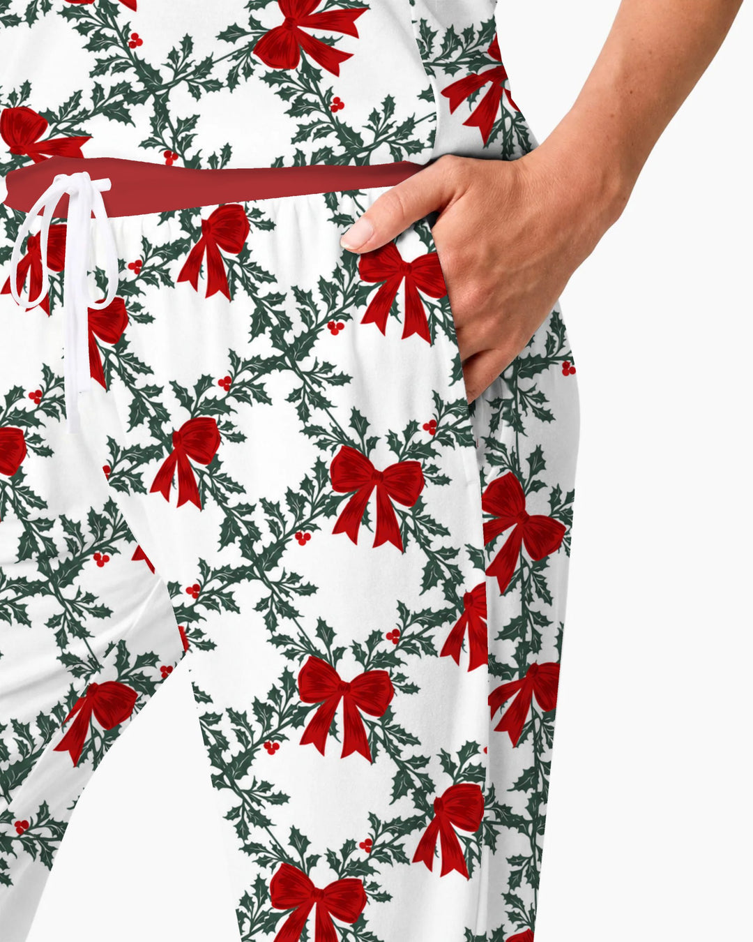 Vintage Christmas Holly Red Bows Bamboo Women Pajama Set