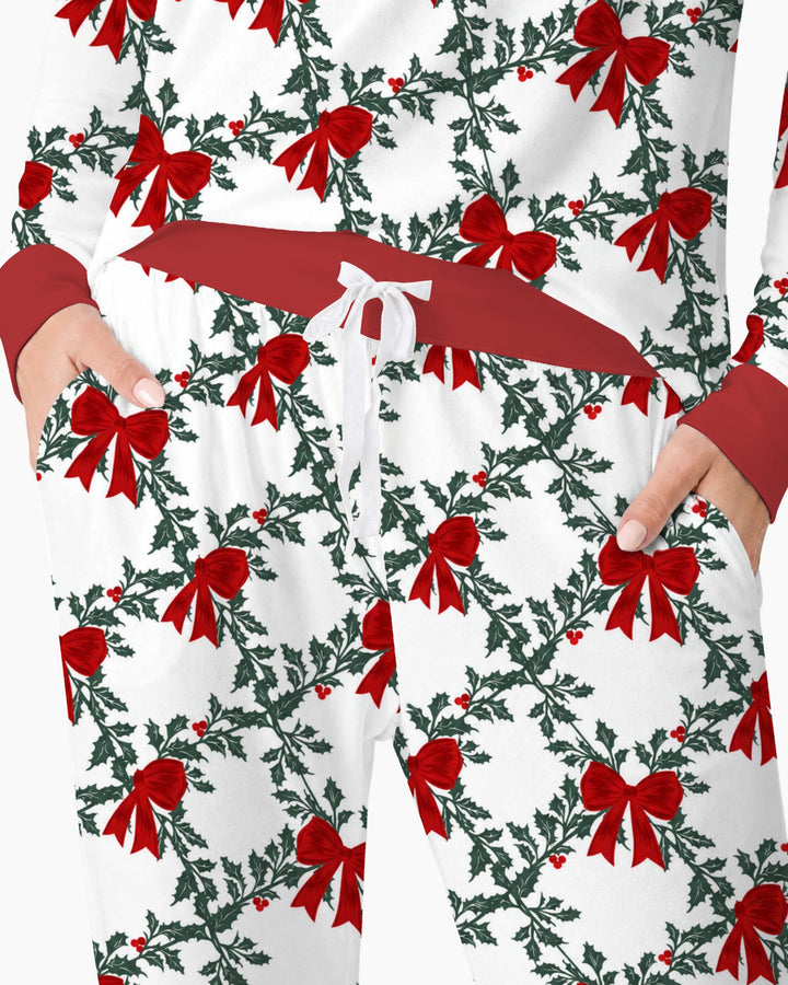 Vintage Christmas Holly Red Bows Bamboo Women Pajama Set