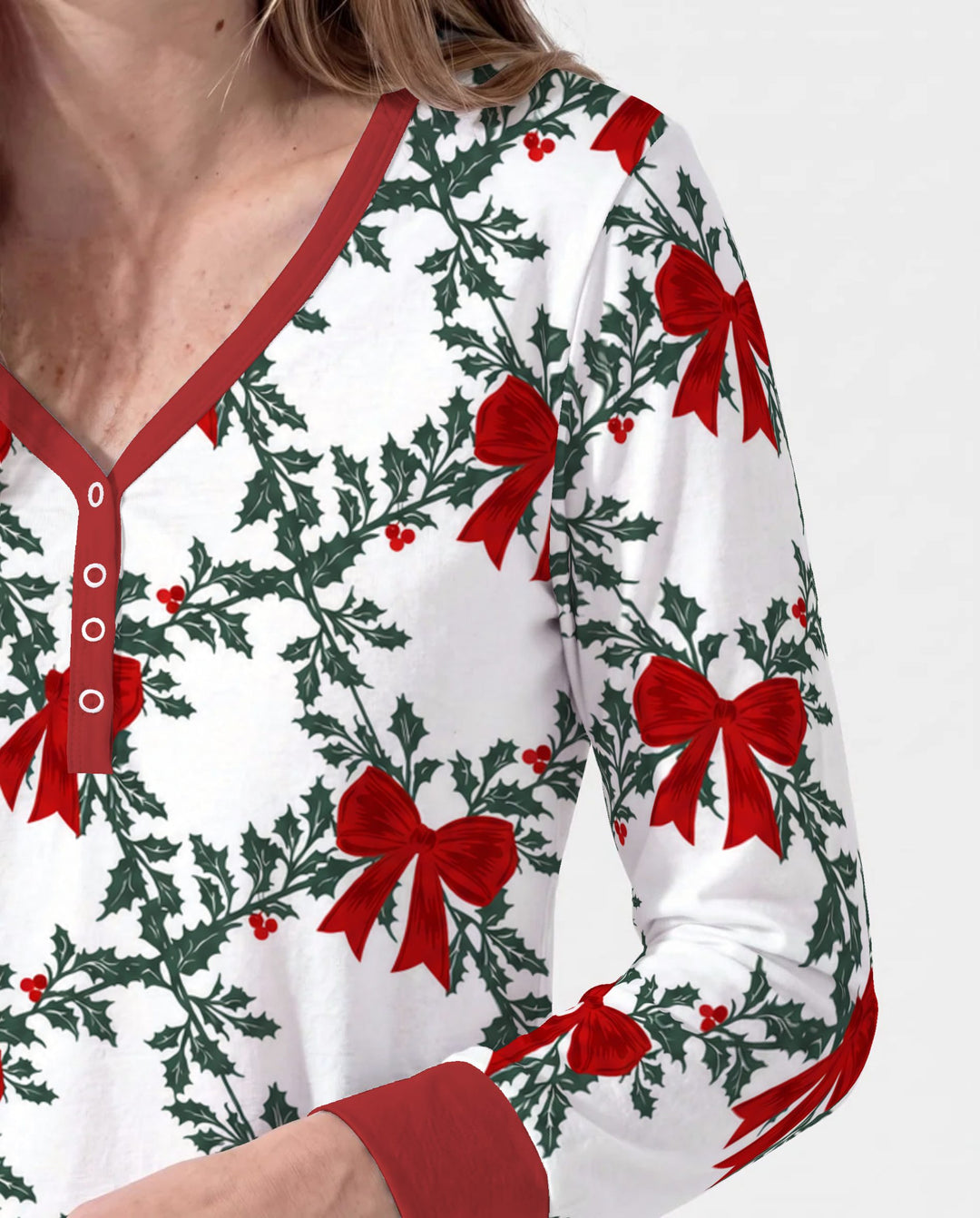 Vintage Christmas Holly Red Bows Bamboo Women Pajama Set