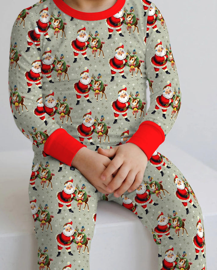 Vintage Santa and Reindeer Christmas Bamboo Two Piece Long Sleeve Pajama Set