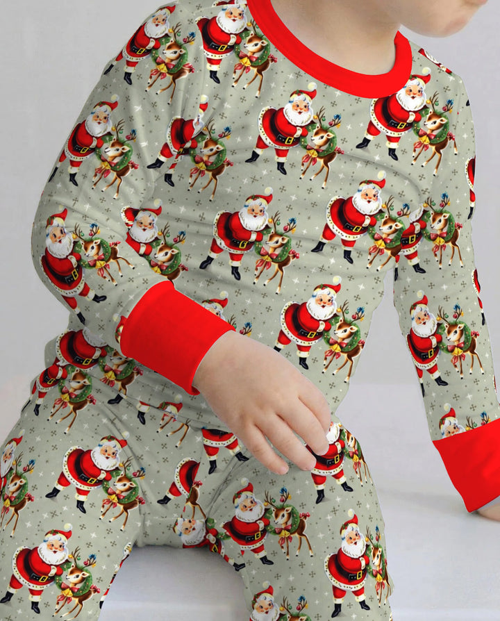 Vintage Santa and Reindeer Christmas Bamboo Two Piece Long Sleeve Pajama Set
