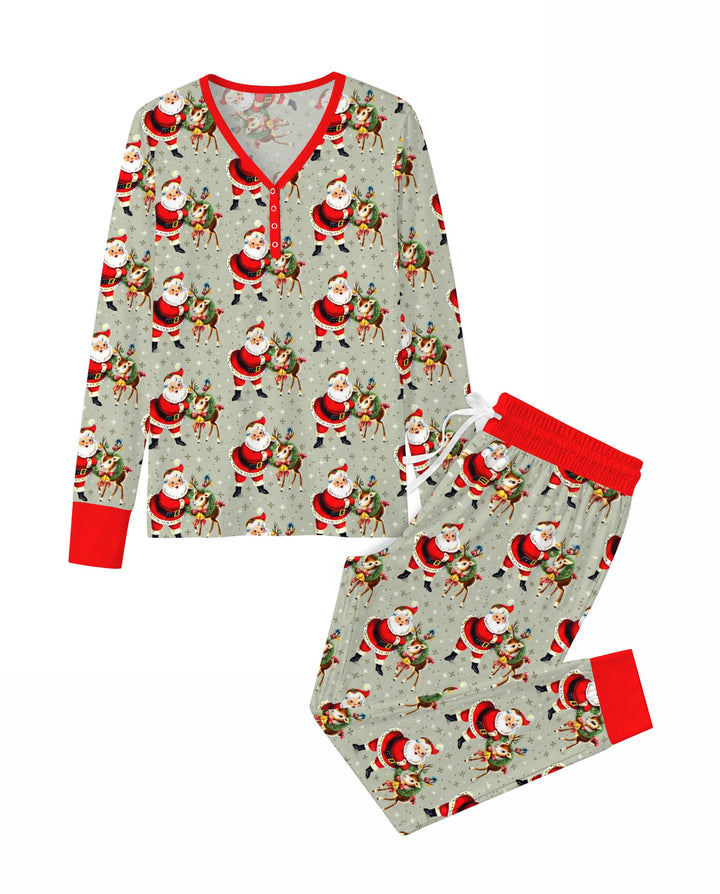 Vintage Santa and Reindeer Christmas Bamboo Women Pajama Set