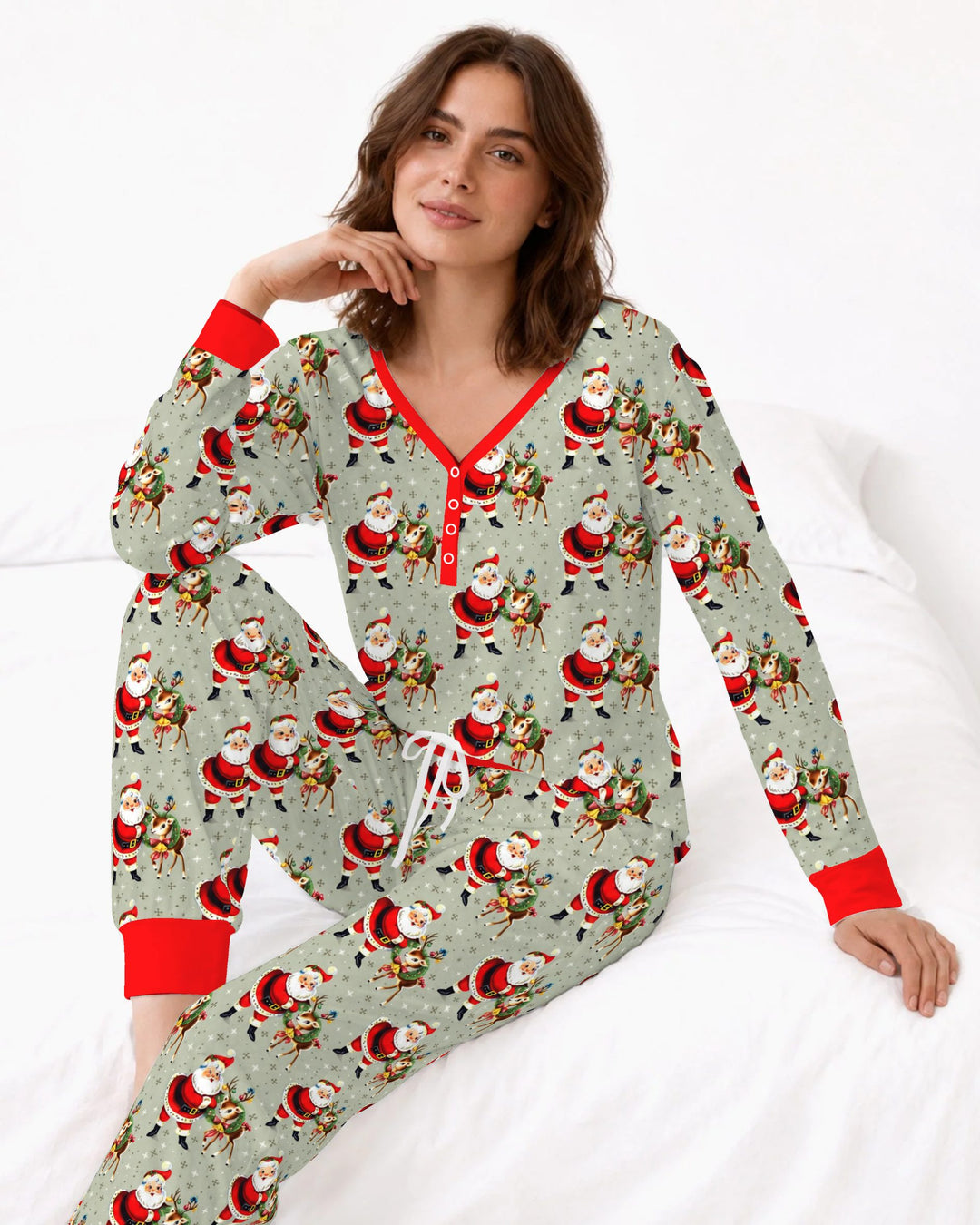 Vintage Santa and Reindeer Christmas Bamboo Women Pajama Set