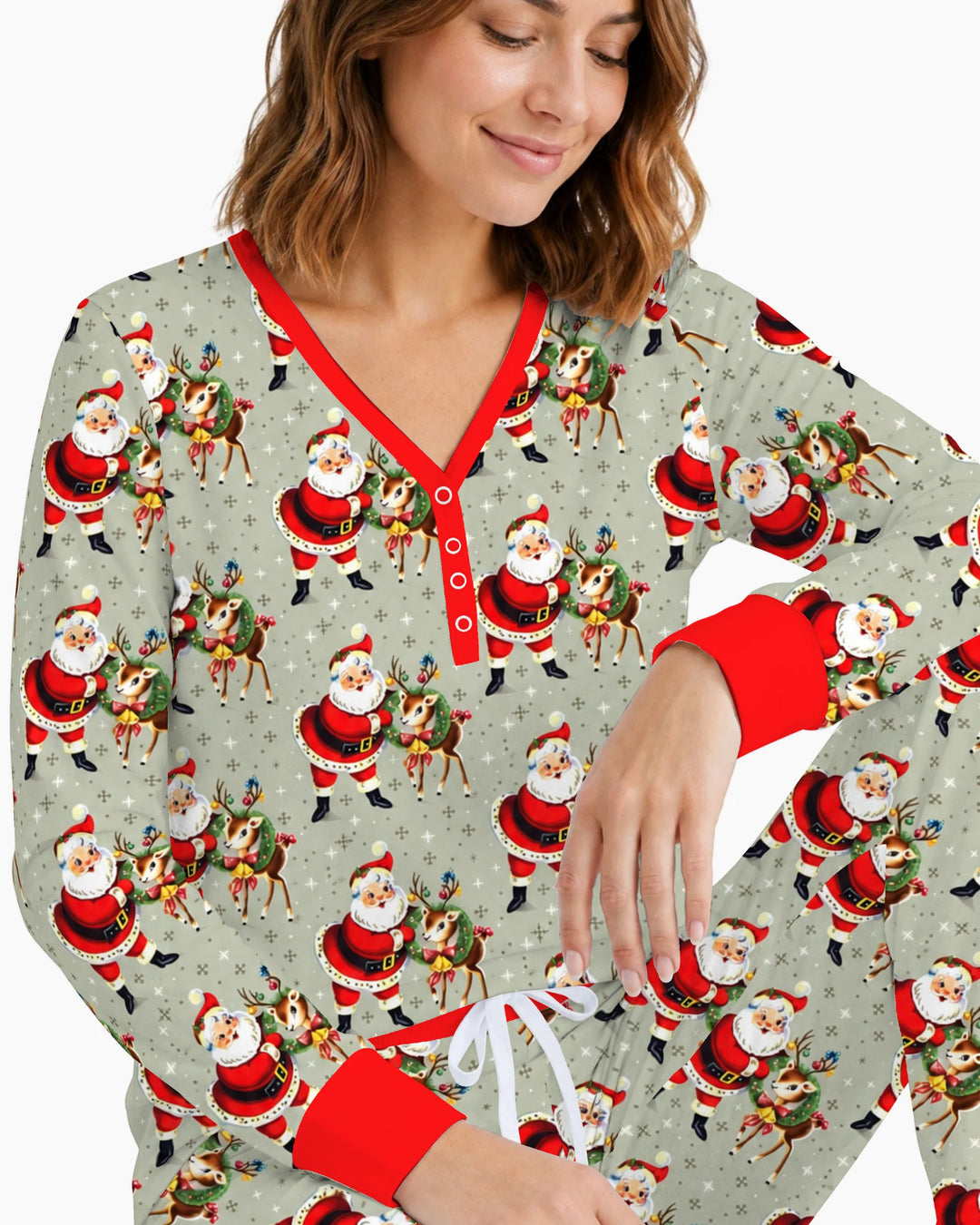 Vintage Santa and Reindeer Christmas Bamboo Women Pajama Set
