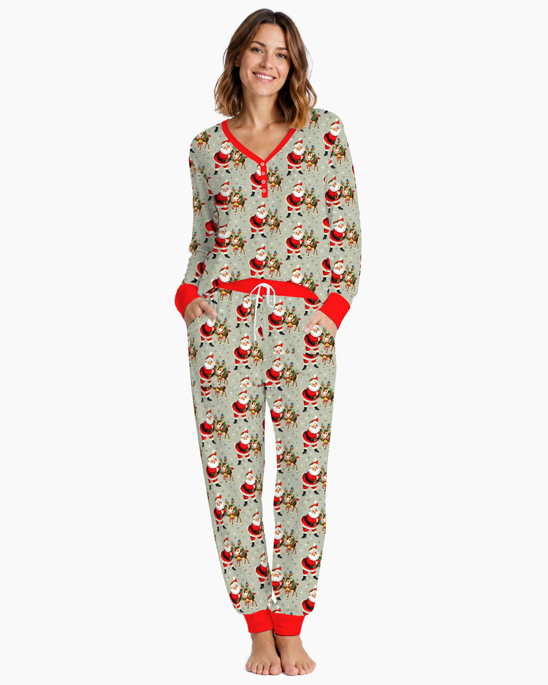 Vintage Santa and Reindeer Christmas Bamboo Women Pajama Set