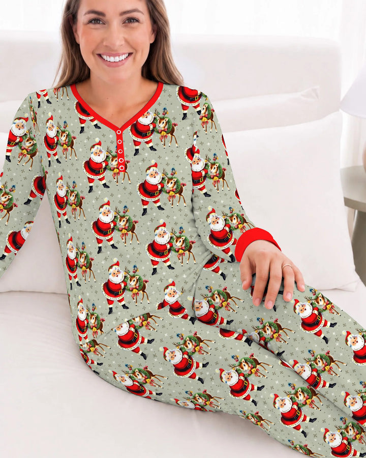 Vintage Santa and Reindeer Christmas Bamboo Women Pajama Set