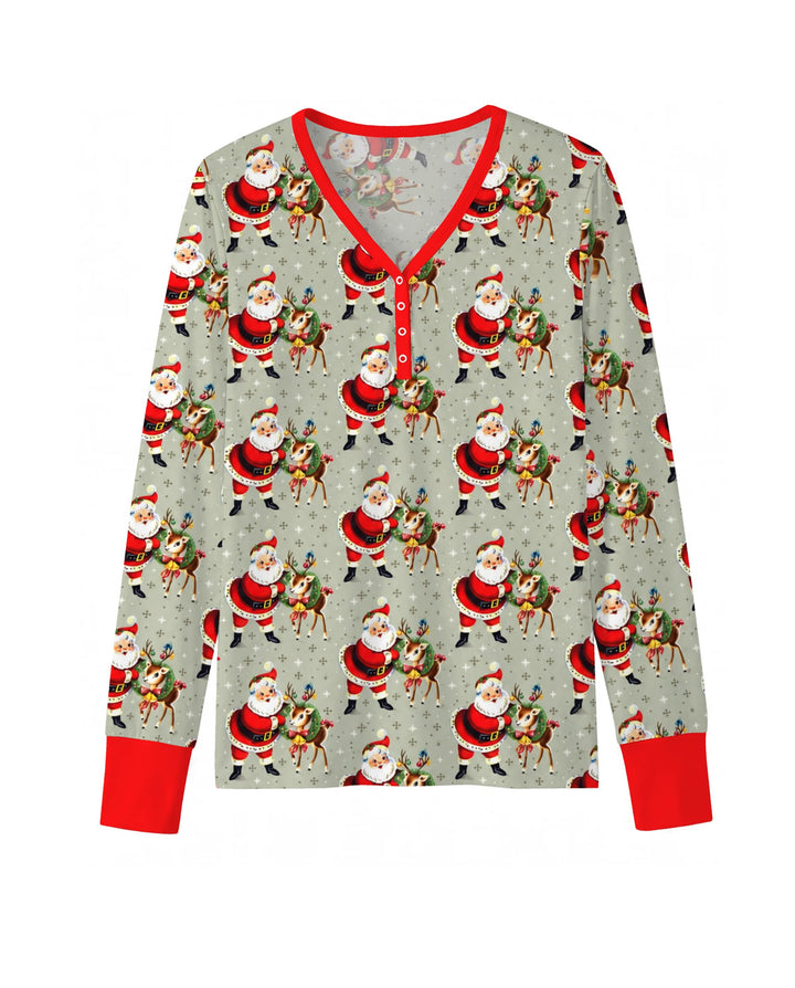 Vintage Santa and Reindeer Christmas Bamboo Women Pajama Set