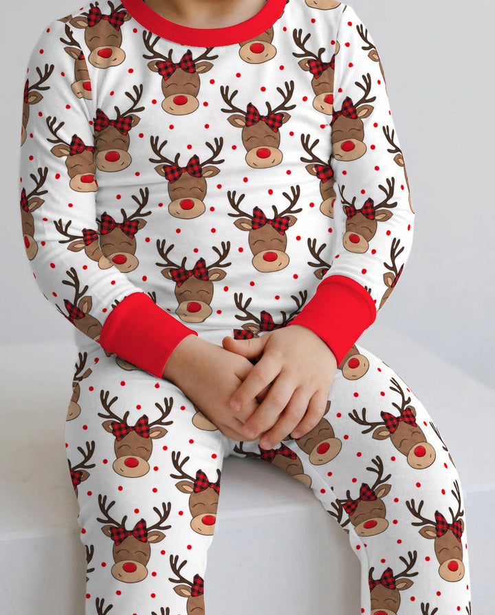 Cute Rudolph Reindeer Buffalo Plaid Bow Bamboo Two Piece Long Sleeve Pajama Set