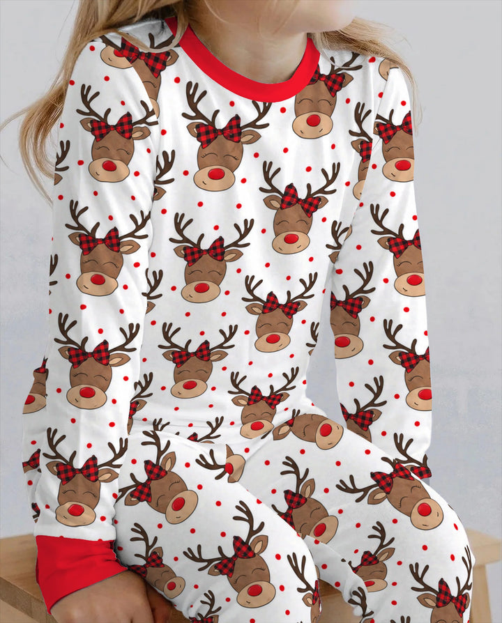 Cute Rudolph Reindeer Buffalo Plaid Bow Bamboo Two Piece Long Sleeve Pajama Set