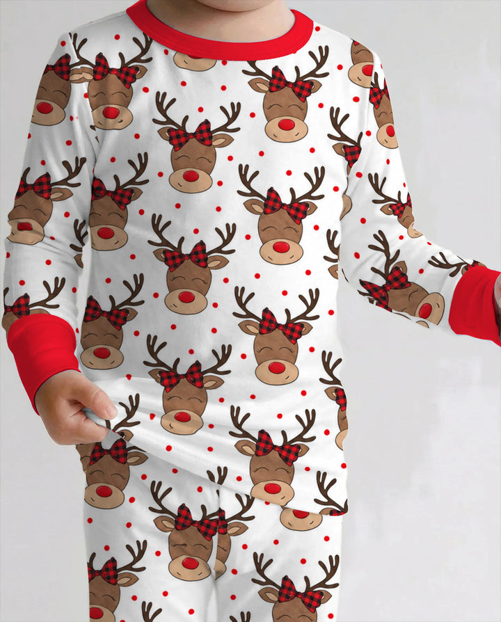Cute Rudolph Reindeer Buffalo Plaid Bow Bamboo Two Piece Long Sleeve Pajama Set