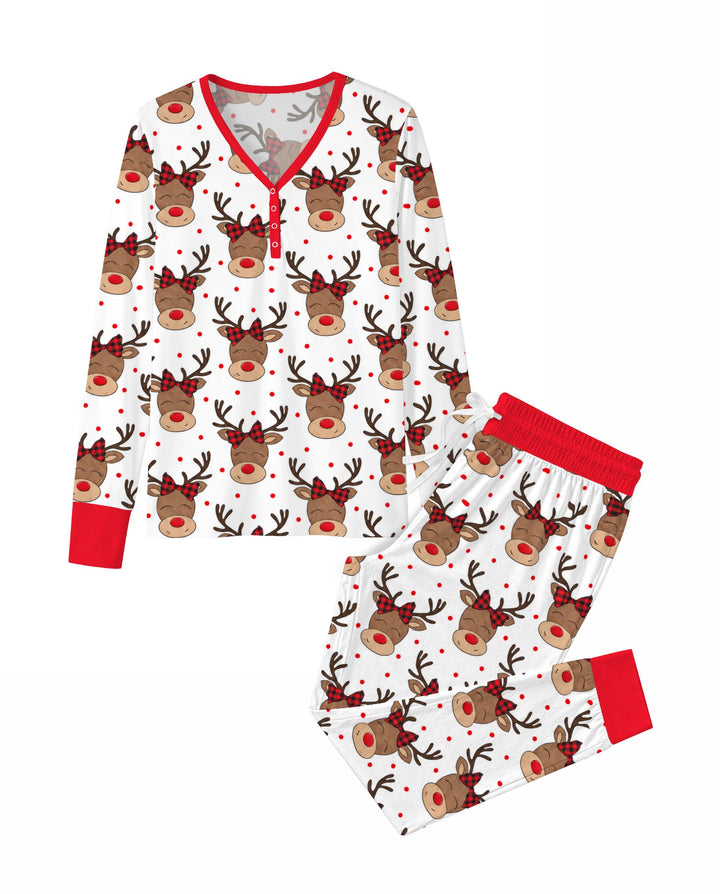 Cute Rudolph Reindeer Buffalo Plaid Bow Bamboo Women Pajama Set