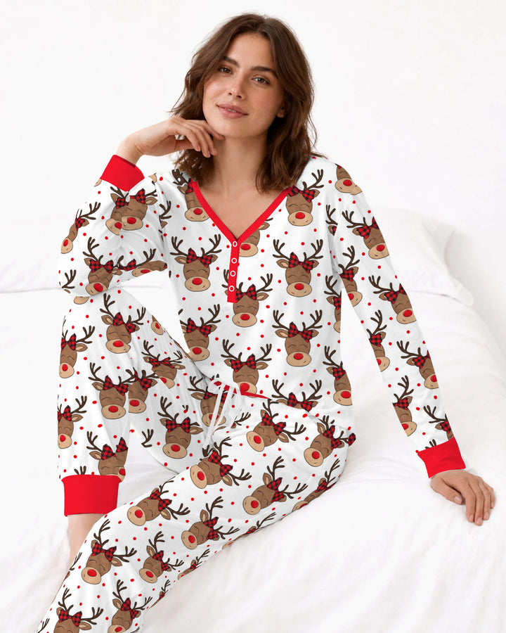 Cute Rudolph Reindeer Buffalo Plaid Bow Bamboo Women Pajama Set