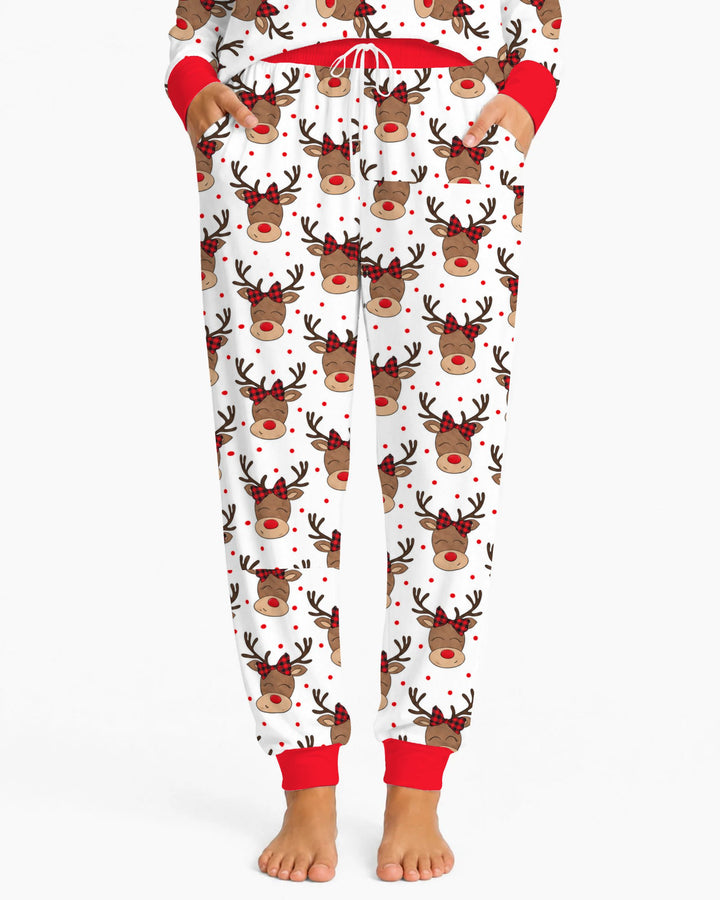 Cute Rudolph Reindeer Buffalo Plaid Bow Bamboo Women Pajama Set