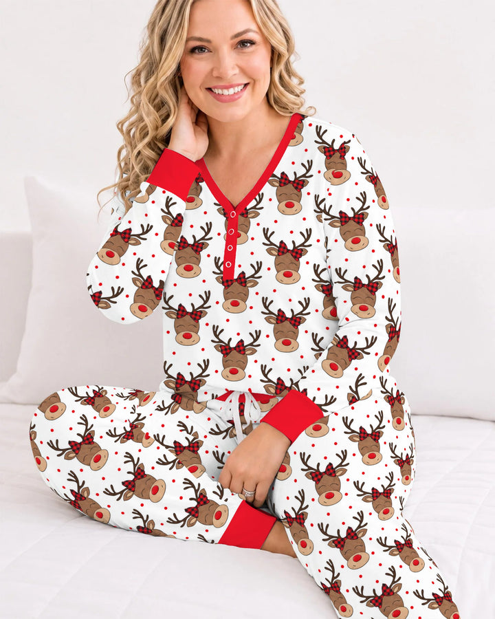 Cute Rudolph Reindeer Buffalo Plaid Bow Bamboo Women Pajama Set