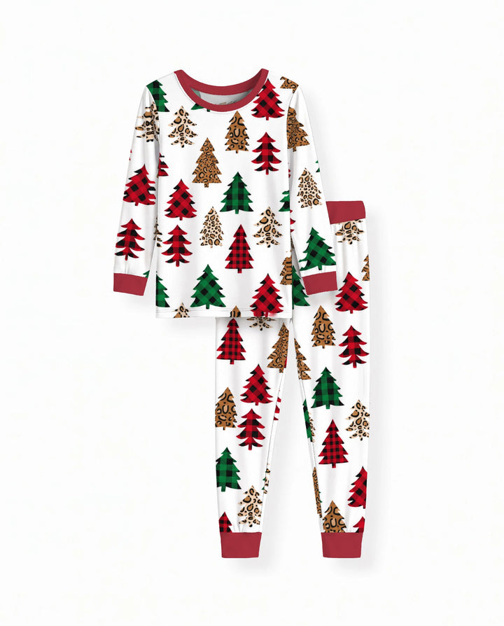 Buffalo Plaid and Leopard Print Christmas Trees Bamboo Two Piece Long Sleeve Pajama Set