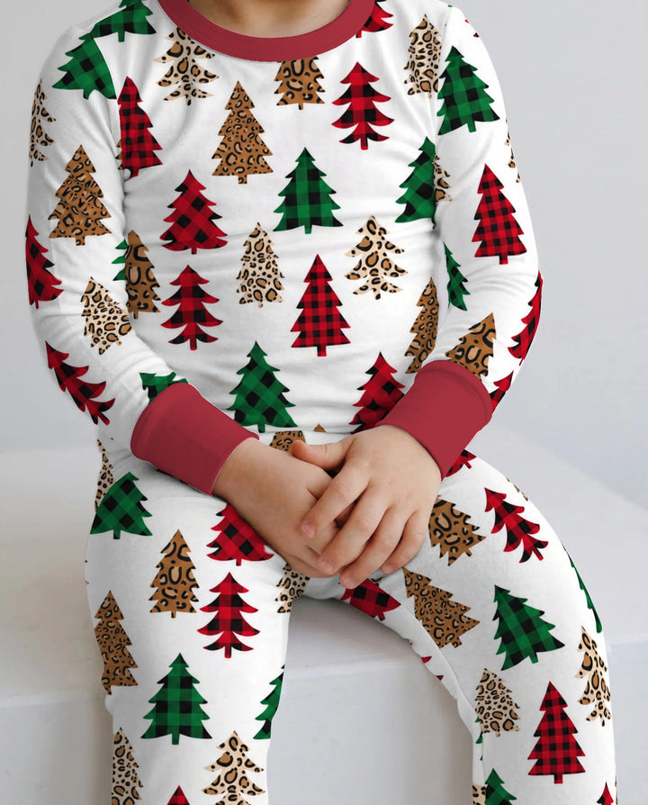 Buffalo Plaid and Leopard Print Christmas Trees Bamboo Two Piece Long Sleeve Pajama Set