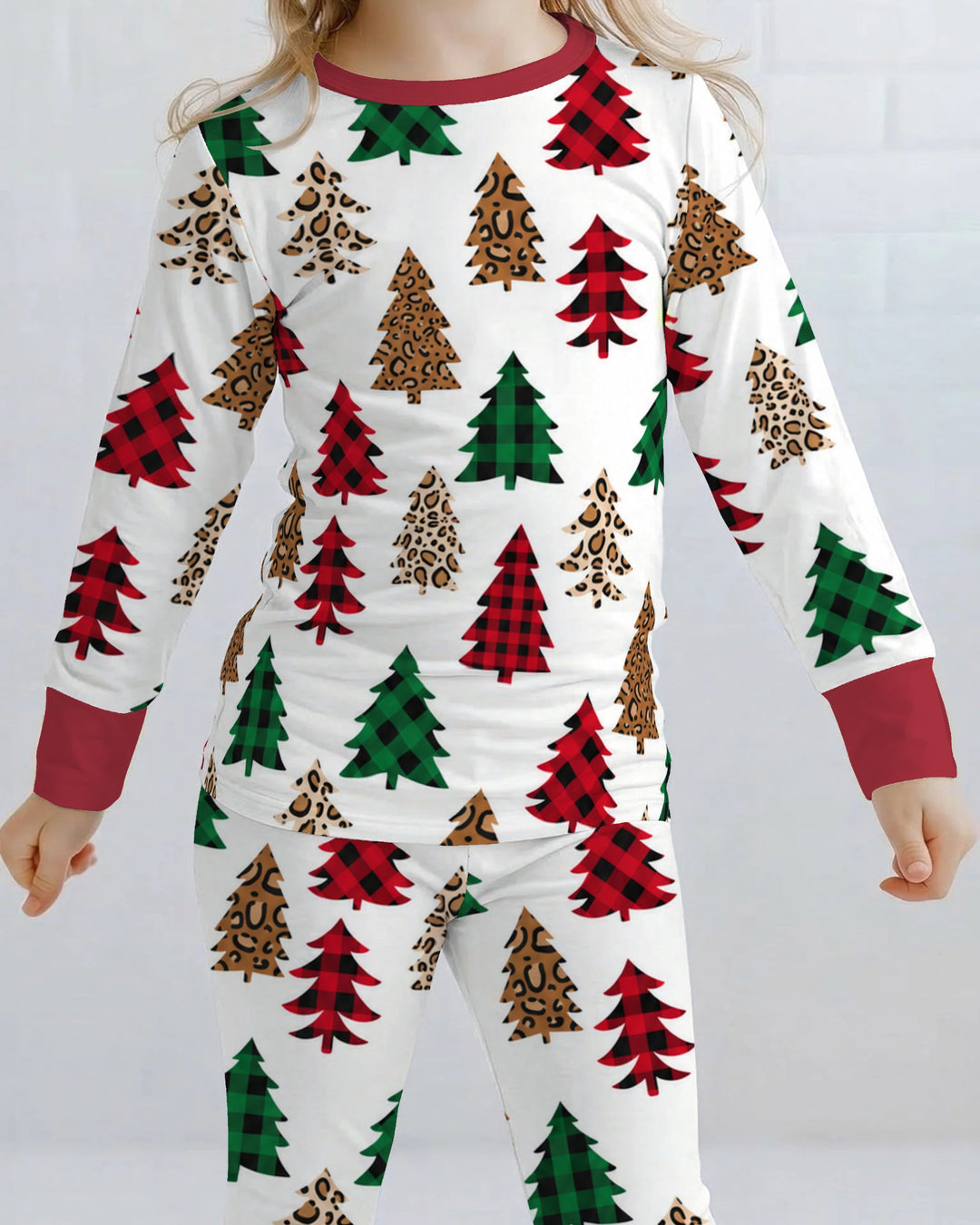 Buffalo Plaid and Leopard Print Christmas Trees Bamboo Two Piece Long Sleeve Pajama Set