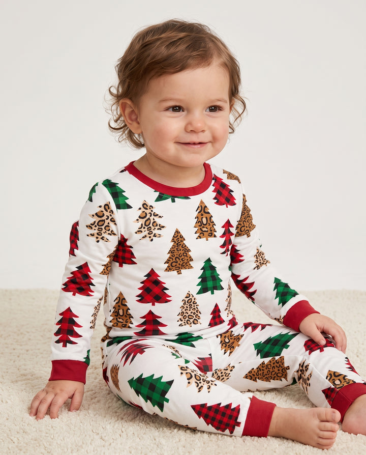 Buffalo Plaid and Leopard Print Christmas Trees Bamboo Two Piece Long Sleeve Pajama Set