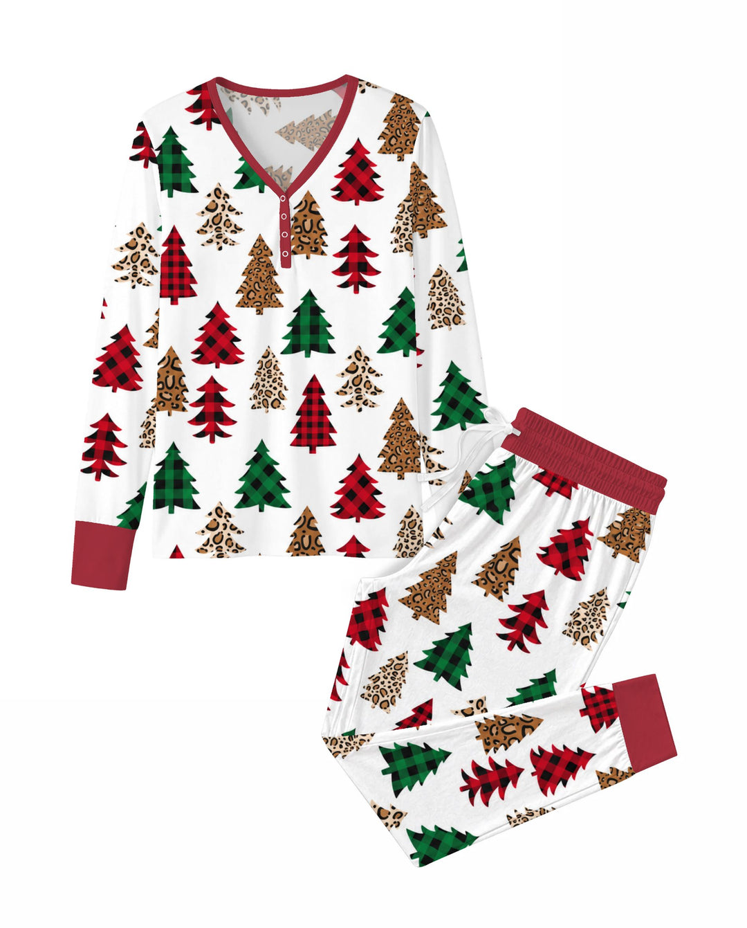 Buffalo Plaid and Leopard Print Christmas Trees Bamboo Women Pajama Set