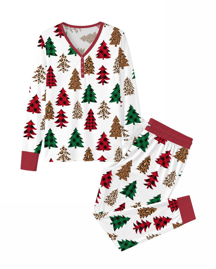 Buffalo Plaid and Leopard Print Christmas Trees Bamboo Women Pajama Set