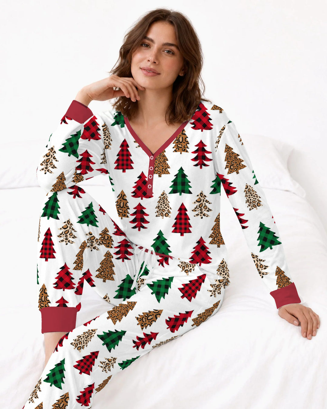 Buffalo Plaid and Leopard Print Christmas Trees Bamboo Women Pajama Set