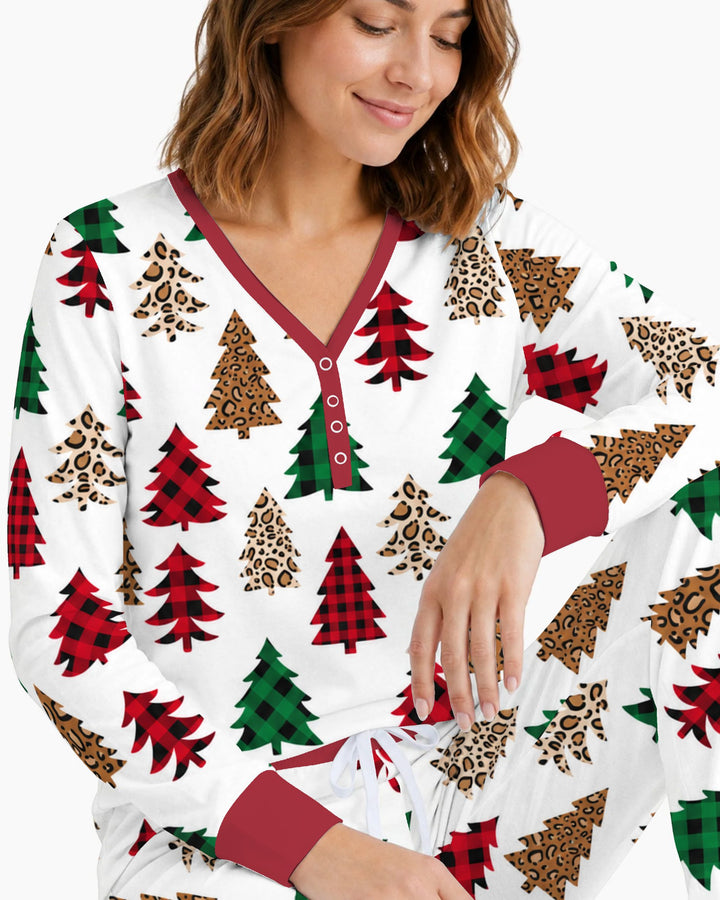 Buffalo Plaid and Leopard Print Christmas Trees Bamboo Women Pajama Set