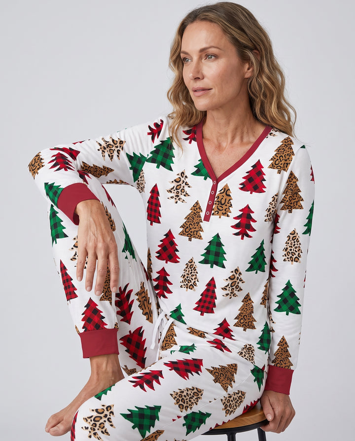 Buffalo Plaid and Leopard Print Christmas Trees Bamboo Women Pajama Set