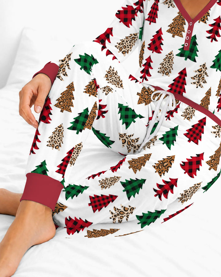 Buffalo Plaid and Leopard Print Christmas Trees Bamboo Women Pajama Set