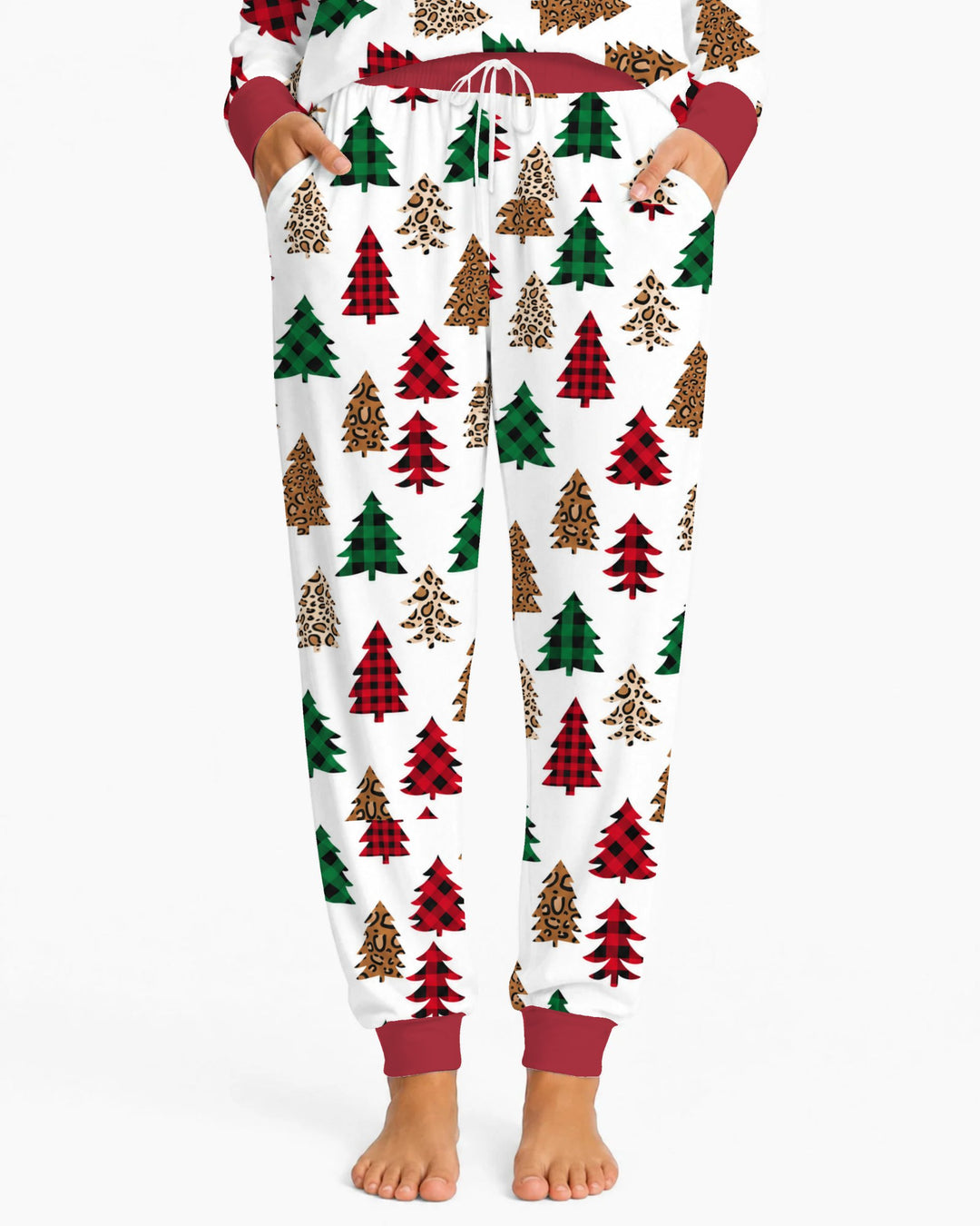 Buffalo Plaid and Leopard Print Christmas Trees Bamboo Women Pajama Set