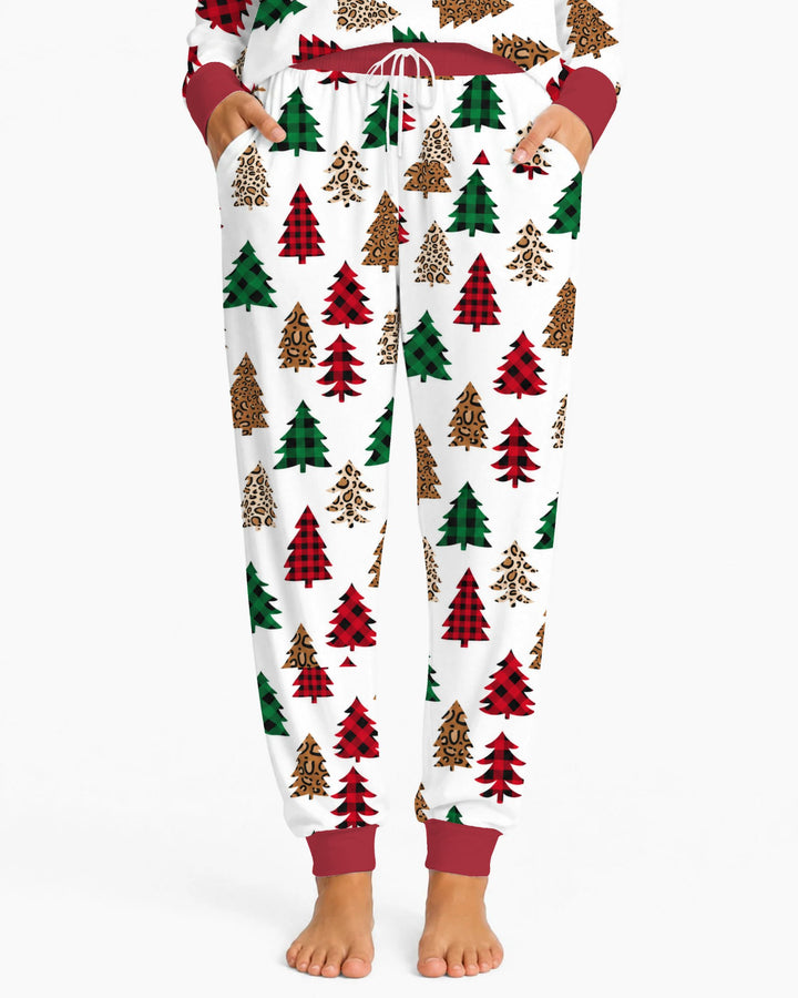 Buffalo Plaid and Leopard Print Christmas Trees Bamboo Women Pajama Set