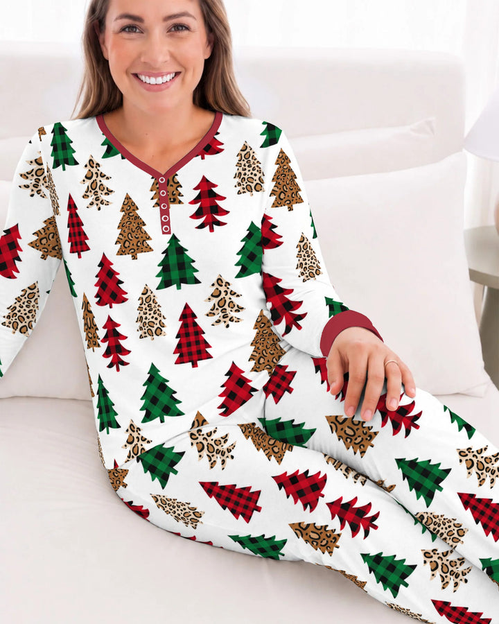 Buffalo Plaid and Leopard Print Christmas Trees Bamboo Women Pajama Set