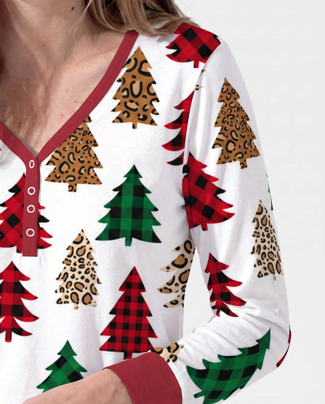 Buffalo Plaid and Leopard Print Christmas Trees Bamboo Women Pajama Set