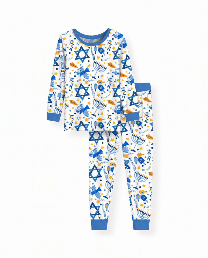Blue and Gold Hanukkah Menorah and Dreidel Bamboo Two Piece Long Sleeve Pajama Set