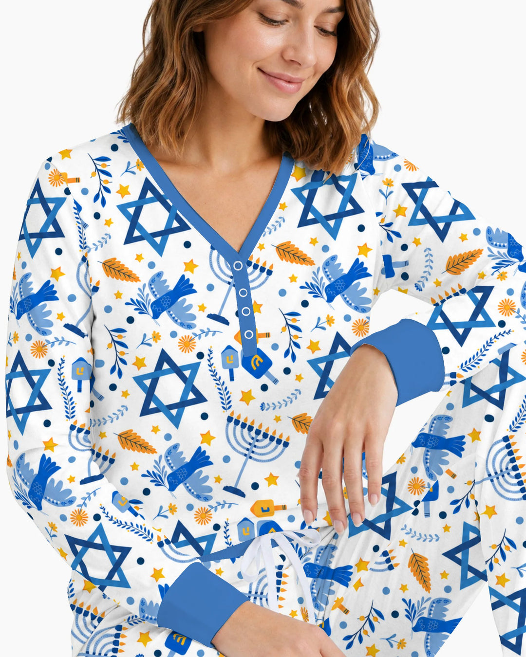 Blue and Gold Hanukkah Menorah and Dreidel Bamboo Women Pajama Set