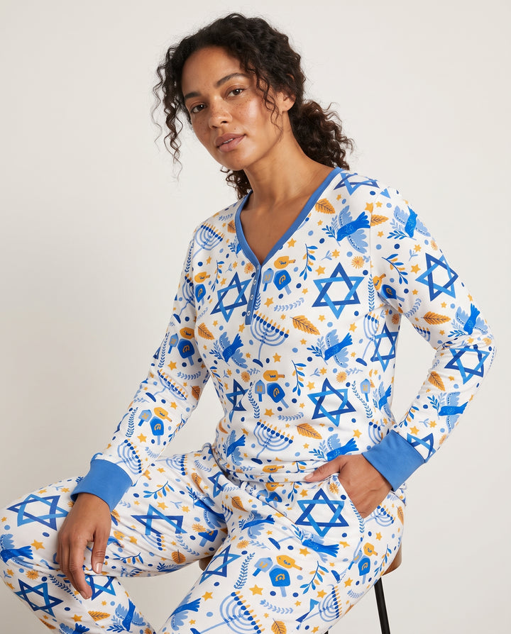 Blue and Gold Hanukkah Menorah and Dreidel Bamboo Women Pajama Set