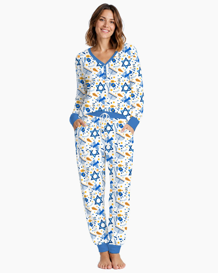 Blue and Gold Hanukkah Menorah and Dreidel Bamboo Women Pajama Set