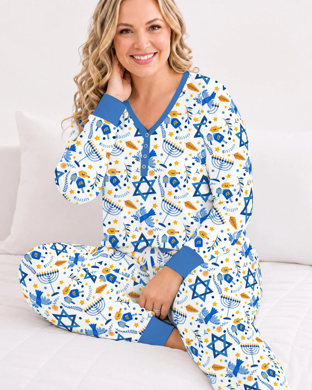 Blue and Gold Hanukkah Menorah and Dreidel Bamboo Women Pajama Set