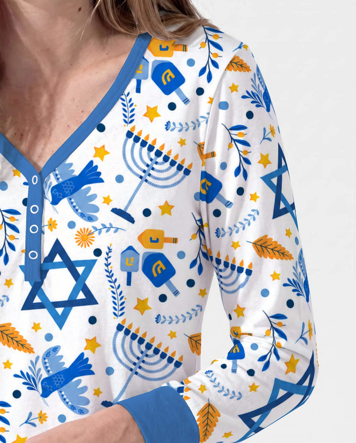 Blue and Gold Hanukkah Menorah and Dreidel Bamboo Women Pajama Set