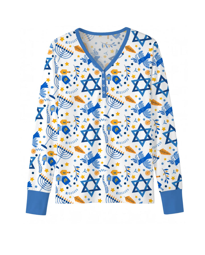 Blue and Gold Hanukkah Menorah and Dreidel Bamboo Women Pajama Set