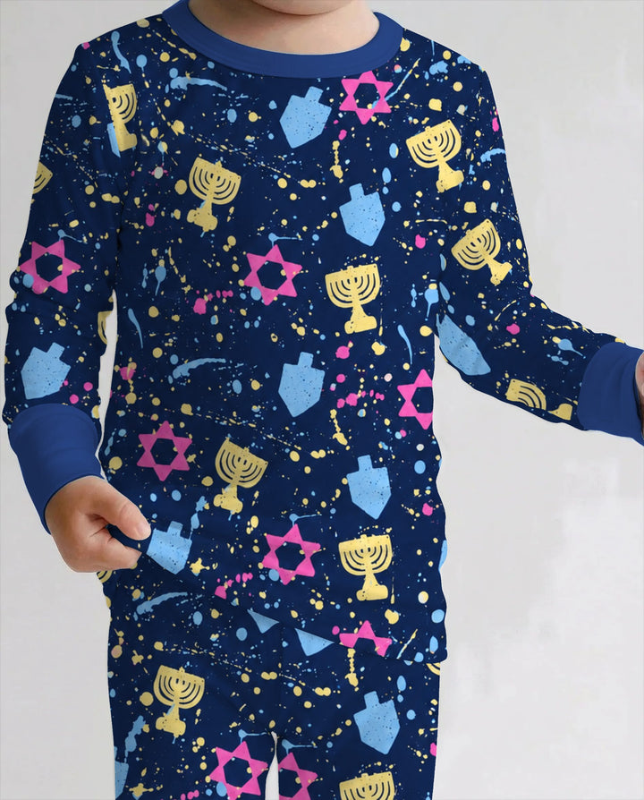 Colorful Hanukkah Menorah and Star of David Bamboo Two Piece Long Sleeve Pajama Set