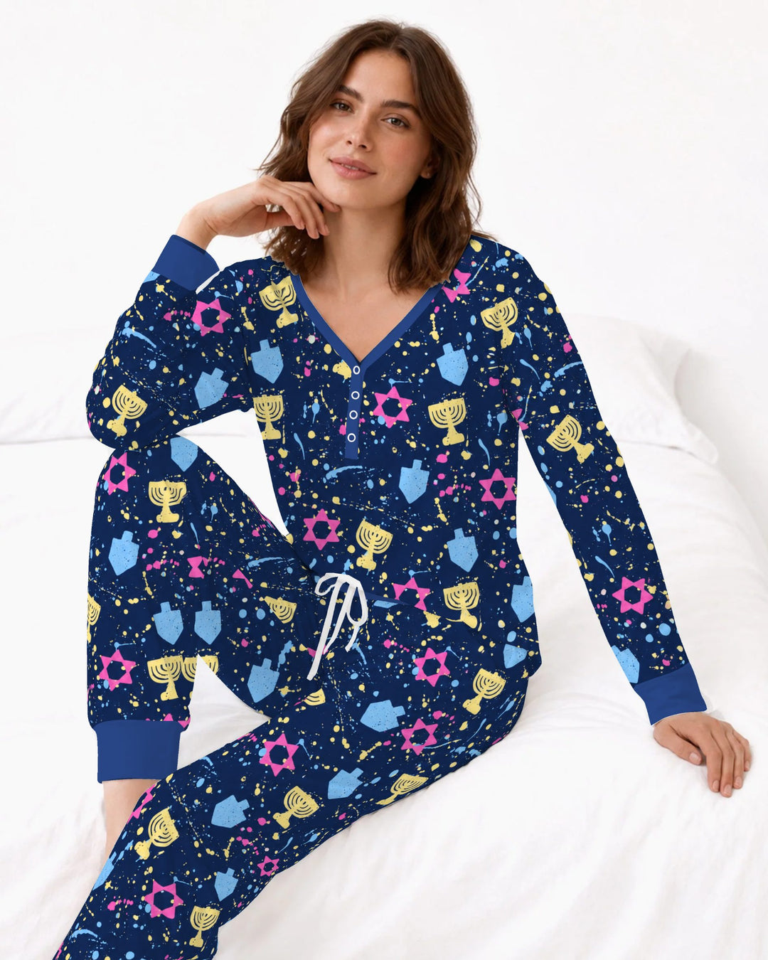 Colorful Hanukkah Menorah and Star of David Bamboo Women Pajama Set
